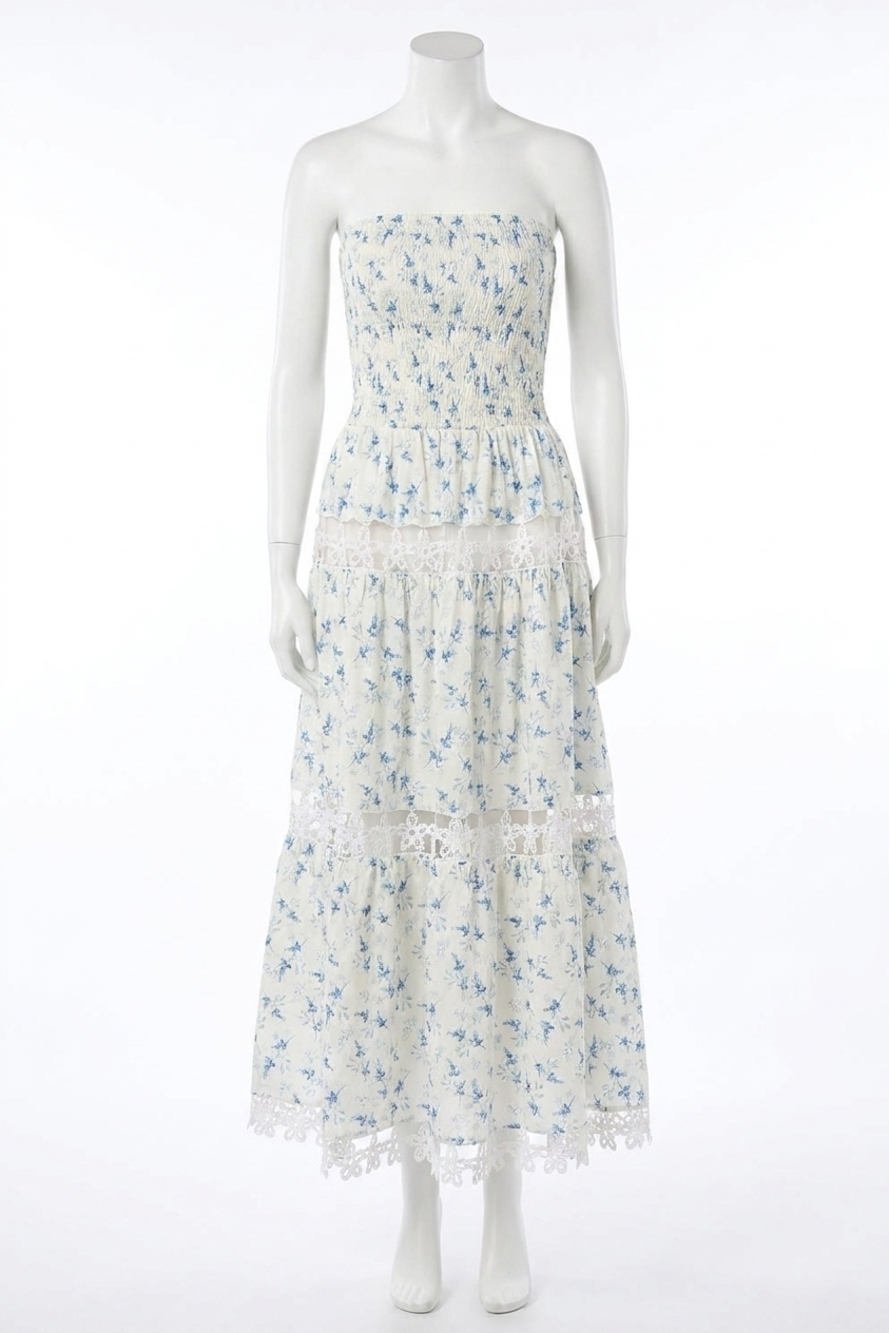 NEW STRUT & BOLT gloria floral strapless midi dress in blue/cream